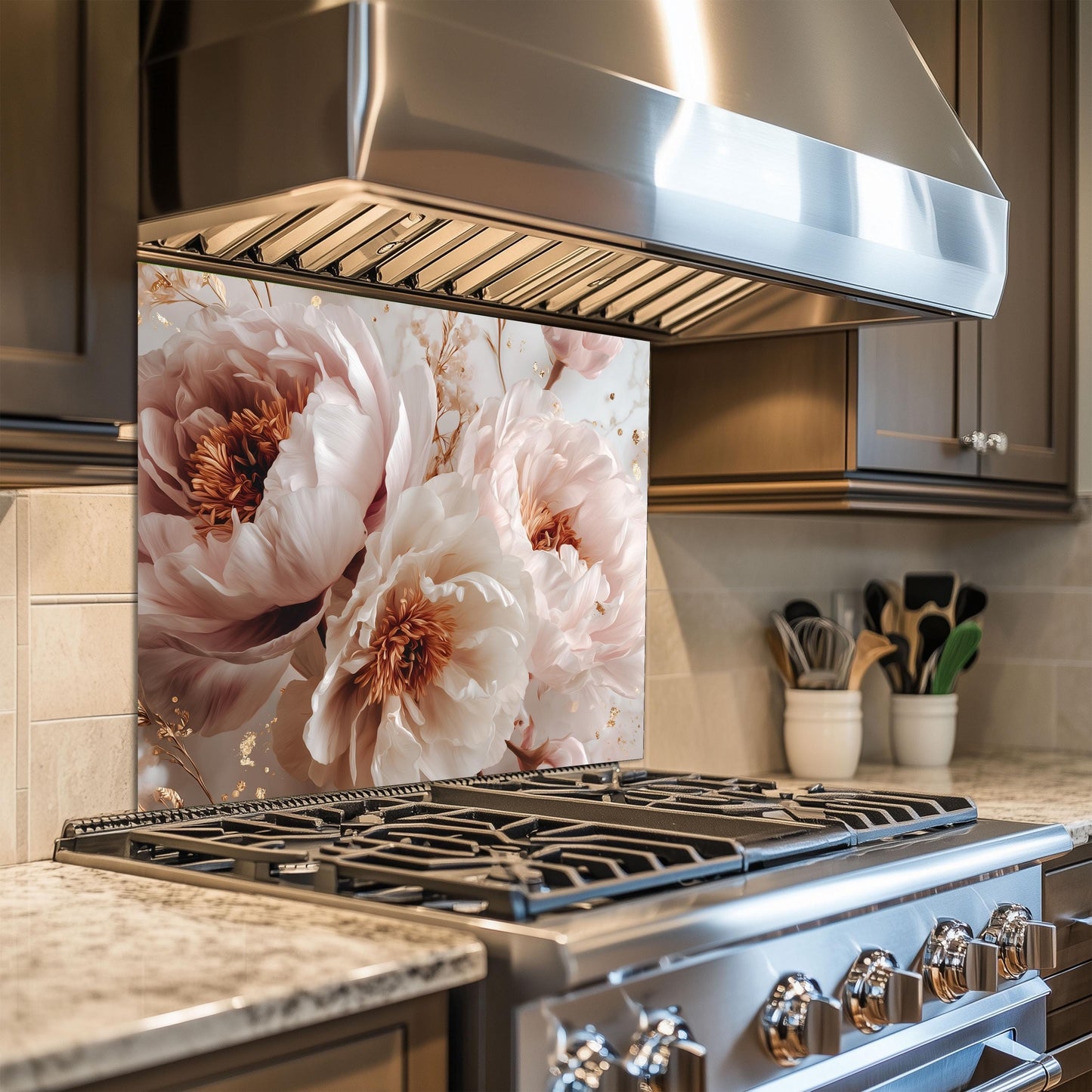 White Peony Floral Kitchen Backsplash, UV Printed Tempered Glass Art, Custom Size Design