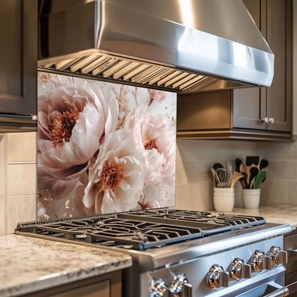 White Peony Floral Kitchen Backsplash, UV Printed Tempered Glass Art, Custom Size Design