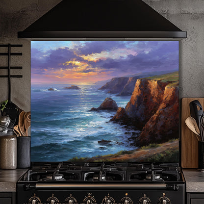 Coastal Cliff Ocean View Kitchen Backsplash, UV Printed Tempered Glass, Custom Size Design