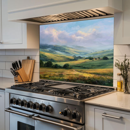 Rolling Green Hills Backsplash, Tempered Glass Kitchen Wall Art, Countryside Landscape Design