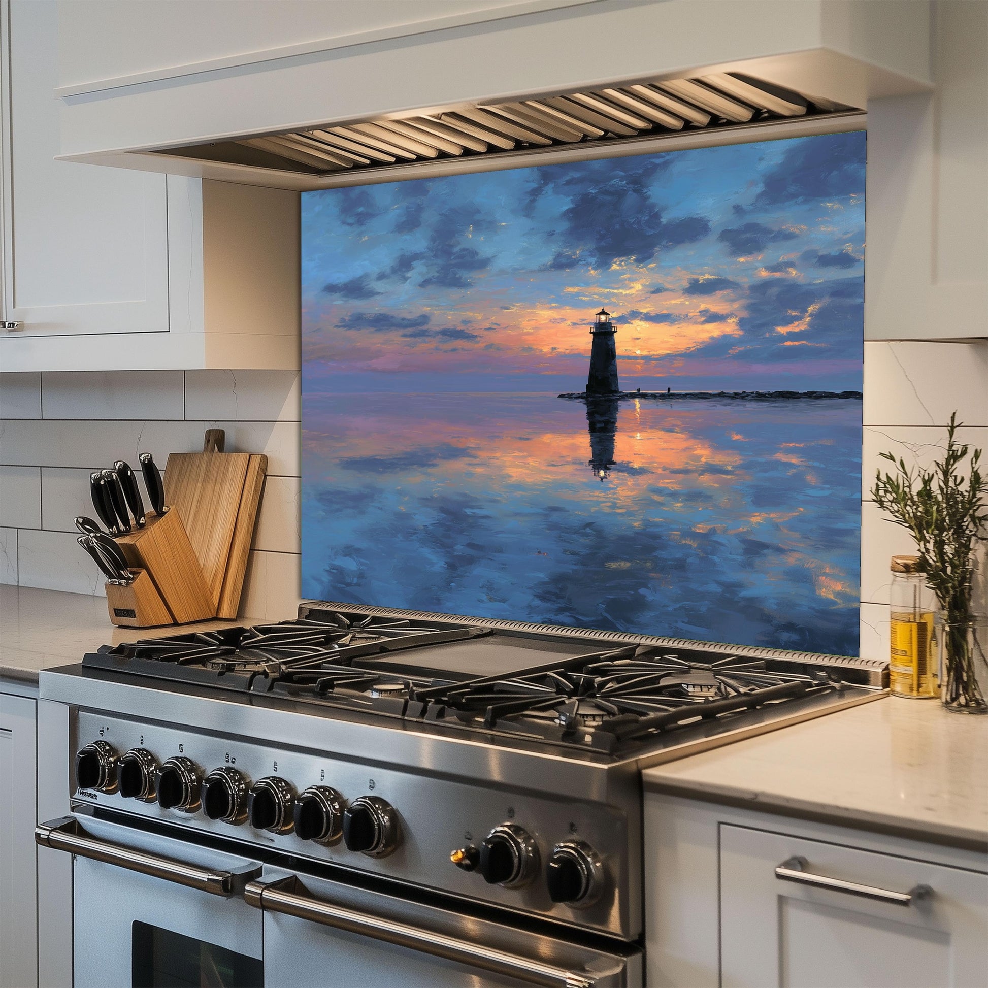 Calm Sunset Lighthouse Tempered Glass Backsplash - Coastal Nautical Stove Wall Protector - Ocean Splashback Kitchen Art