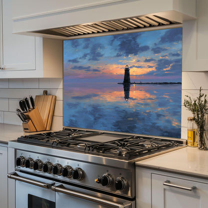 Calm Sunset Lighthouse Tempered Glass Backsplash - Coastal Nautical Stove Wall Protector - Ocean Splashback Kitchen Art