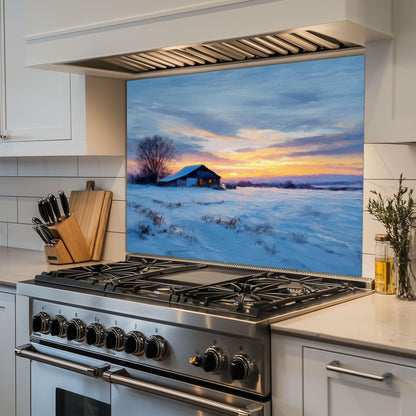 Winter Sunset Cabin Kitchen Backsplash - Tempered Glass Splashback for Stove - Snow Landscape Wall Panel -Glass Backsplash