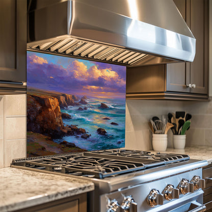 Coastal Sunset Ocean Wave Kitchen Backsplash, UV Printed Tempered Glass, Custom Size Design