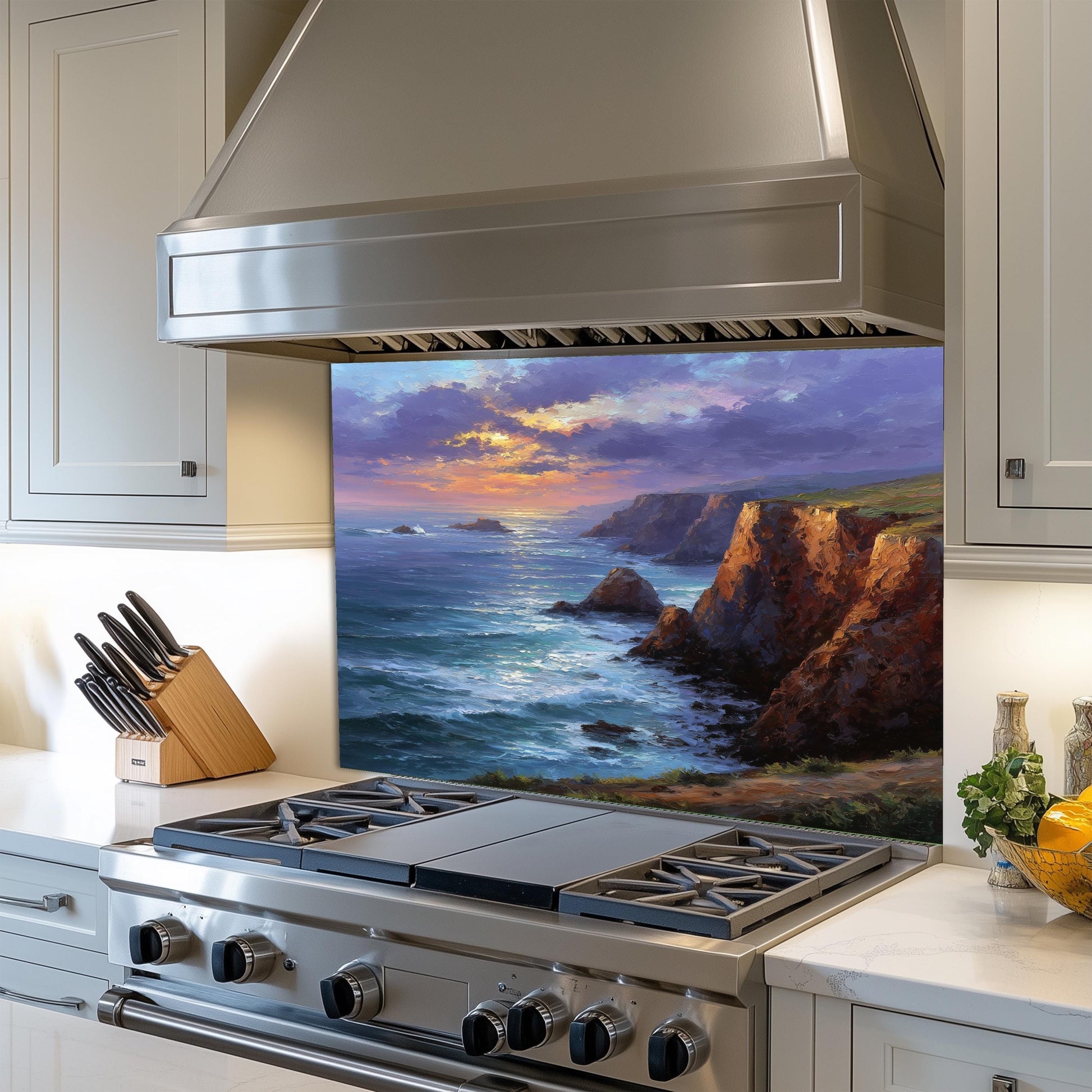 Coastal Cliff Ocean View Kitchen Backsplash, UV Printed Tempered Glass, Custom Size Design