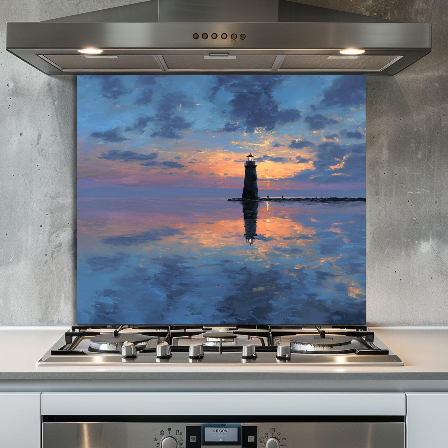 Calm Sunset Lighthouse Tempered Glass Backsplash - Coastal Nautical Stove Wall Protector - Ocean Splashback Kitchen Art