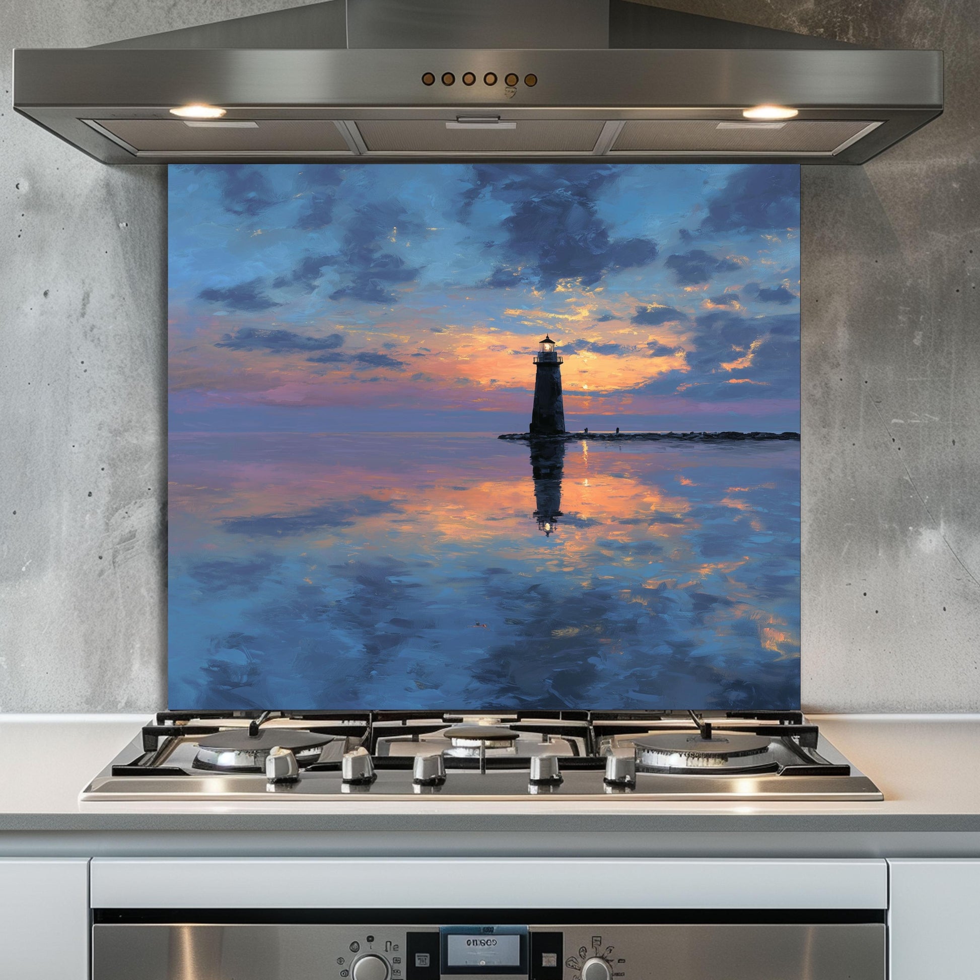 Calm Sunset Lighthouse Tempered Glass Backsplash - Coastal Nautical Stove Wall Protector - Ocean Splashback Kitchen Art