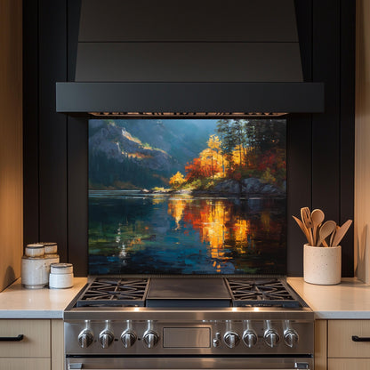 Autumn Lake Reflection Tempered Glass Backsplash - Colorful Forest Stove Panel