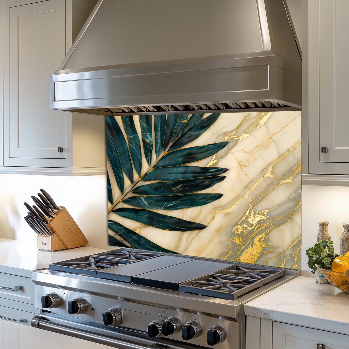 Green Palm Leaf Marble Glass Backsplash, Tropical Tempered Glass Art, Custom Size Design