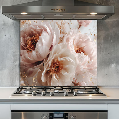 White Peony Floral Kitchen Backsplash, UV Printed Tempered Glass Art, Custom Size Design