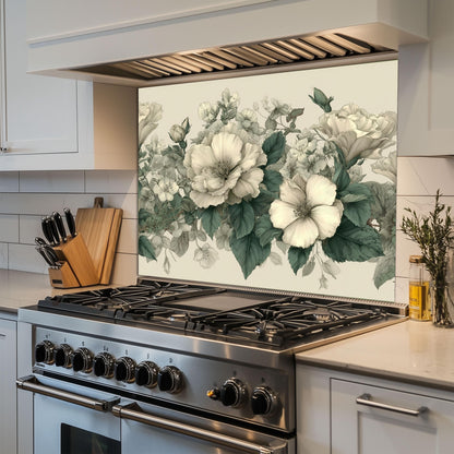 Ivory Floral Kitchen Backsplash, UV Printed Tempered Glass Wall Art, Custom Size Design