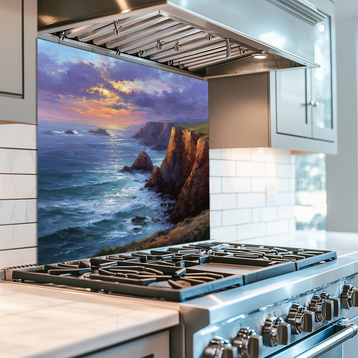 Coastal Cliff Ocean View Kitchen Backsplash, UV Printed Tempered Glass, Custom Size Design