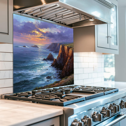 Coastal Cliff Ocean View Kitchen Backsplash, UV Printed Tempered Glass, Custom Size Design