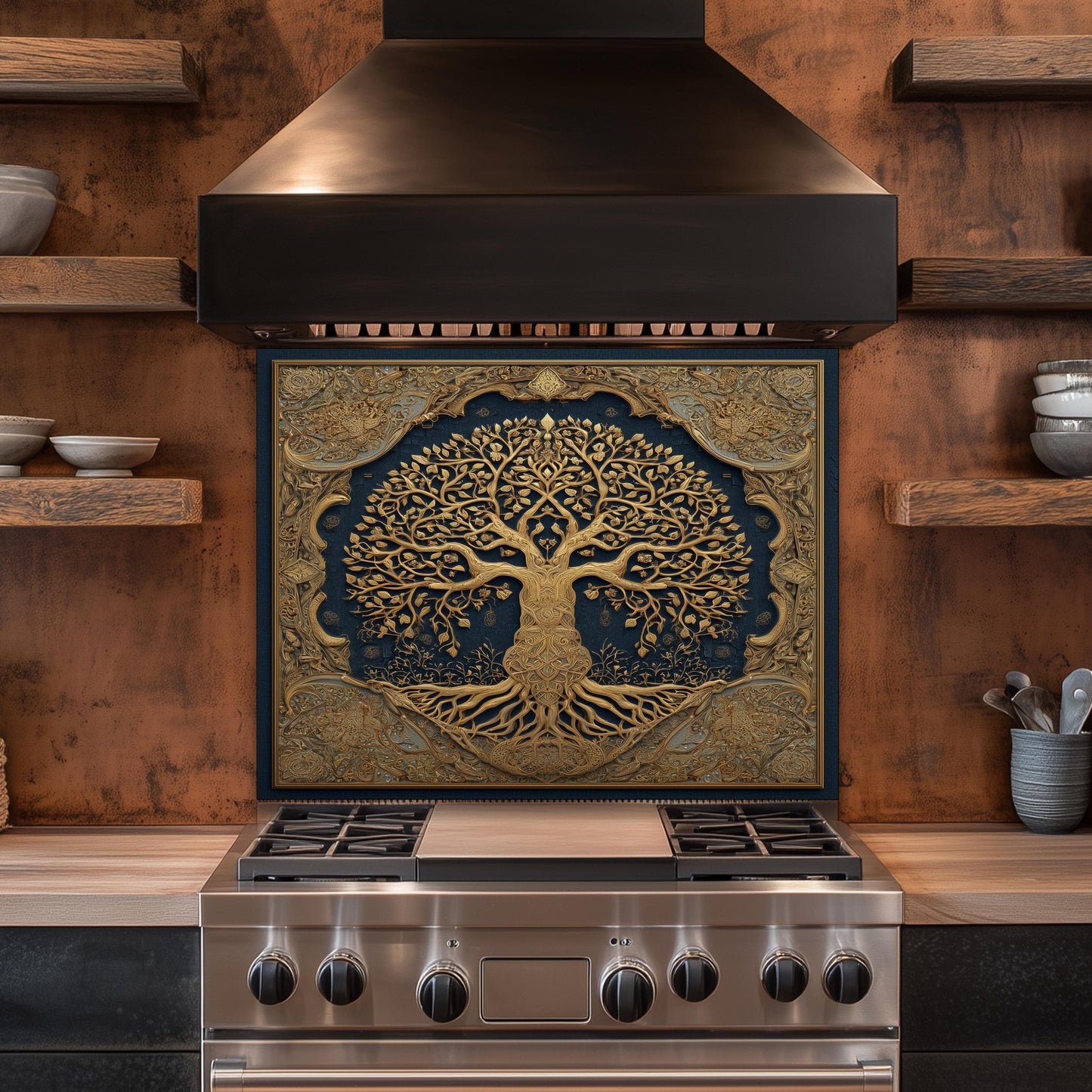 Tree of Life Backsplash, Blue and Golden Embossed Stove Cover