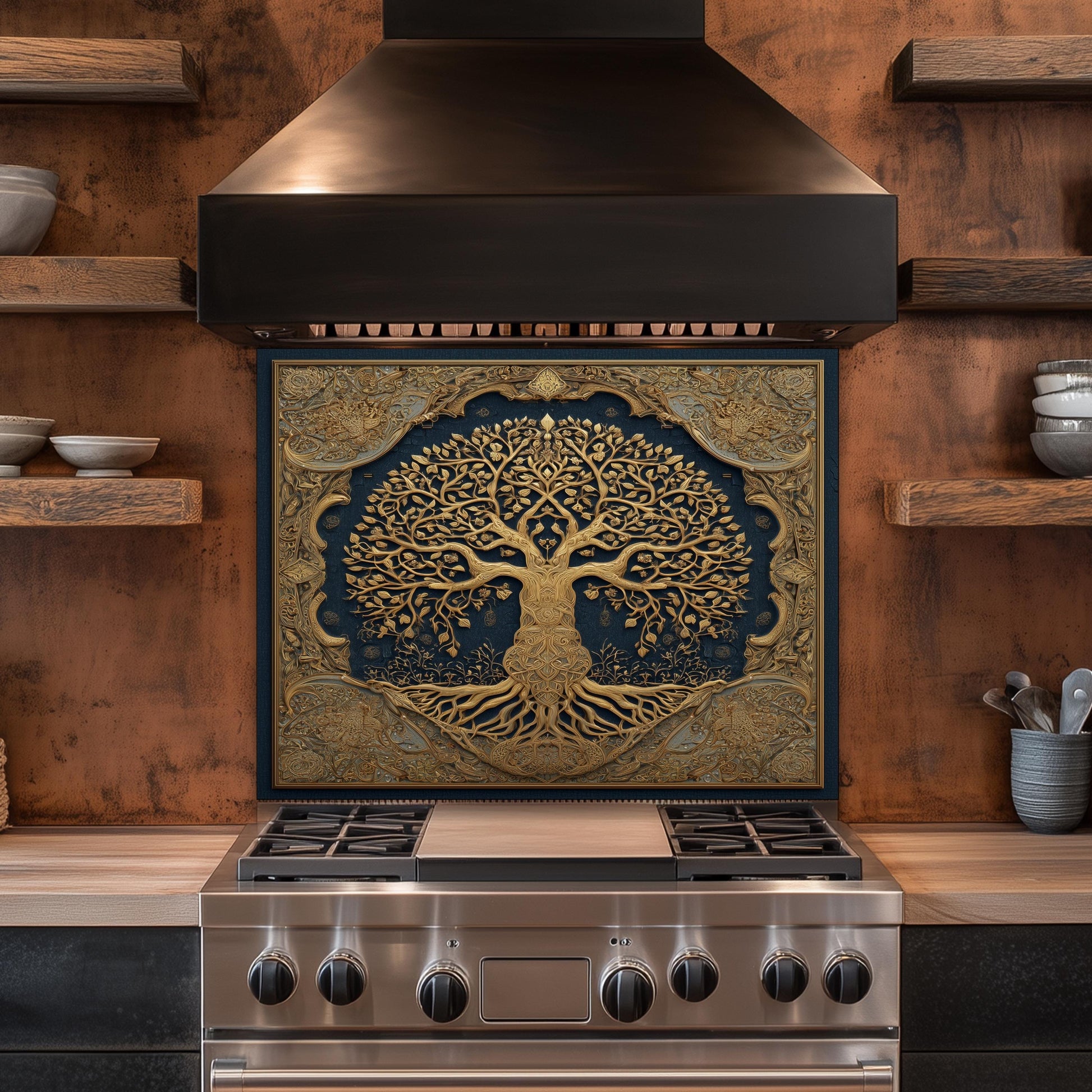 Tree of Life Backsplash, Blue and Golden Embossed Stove Cover
