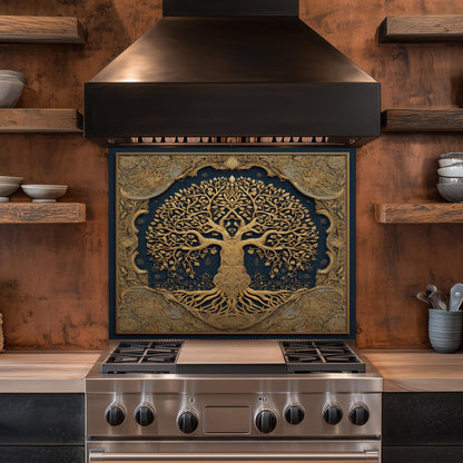 Tree of Life Backsplash, Blue and Golden Embossed Stove Cover