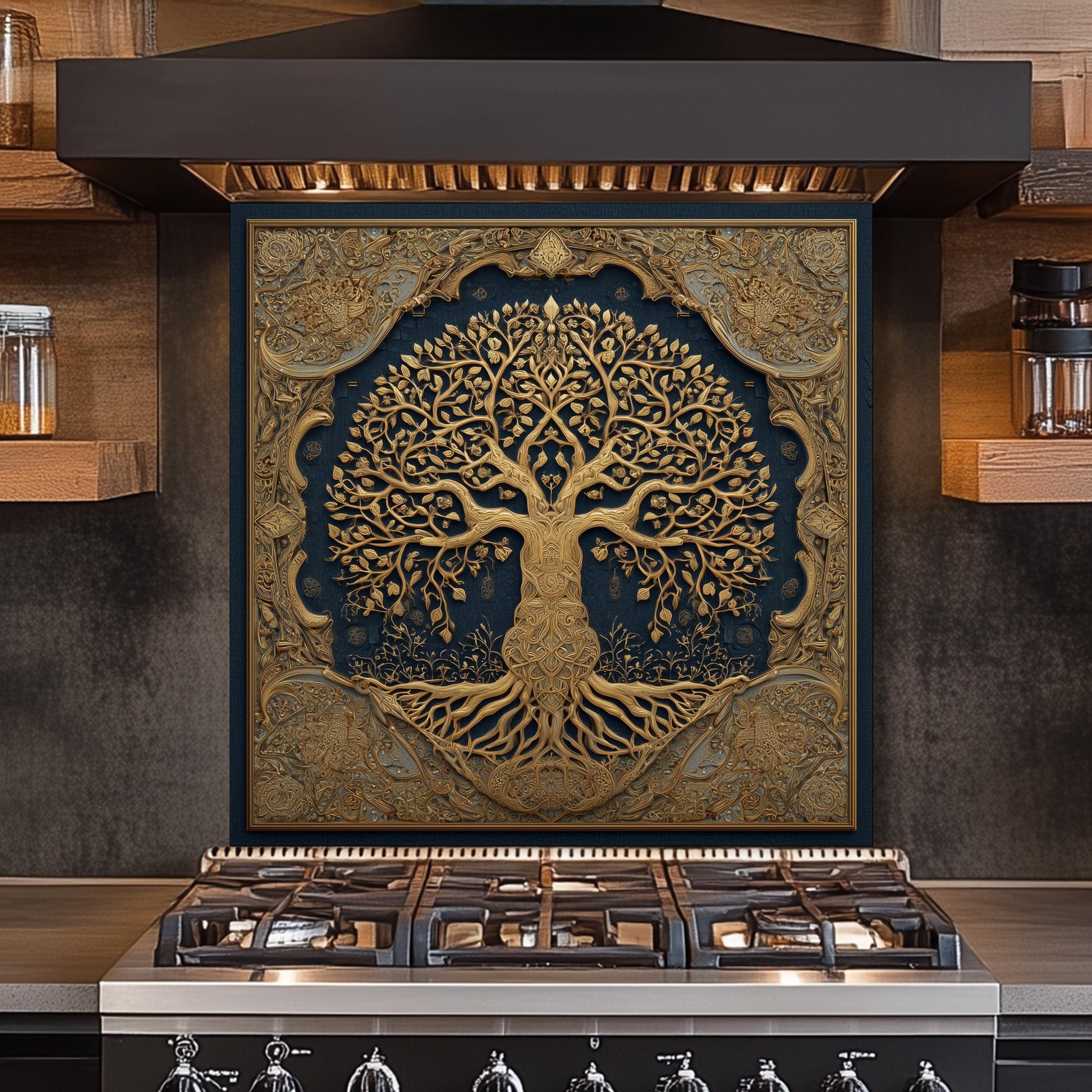 Tree of Life Backsplash, Blue and Golden Embossed Stove Cover