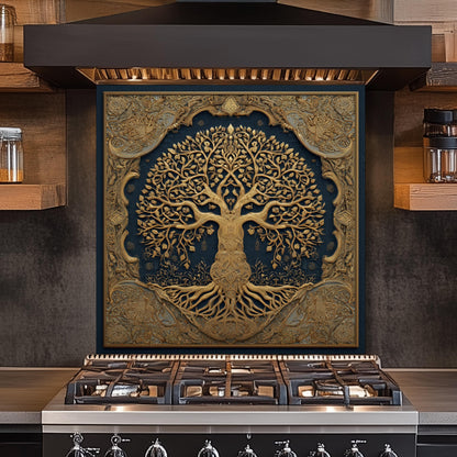 Tree of Life Backsplash, Blue and Golden Embossed Stove Cover