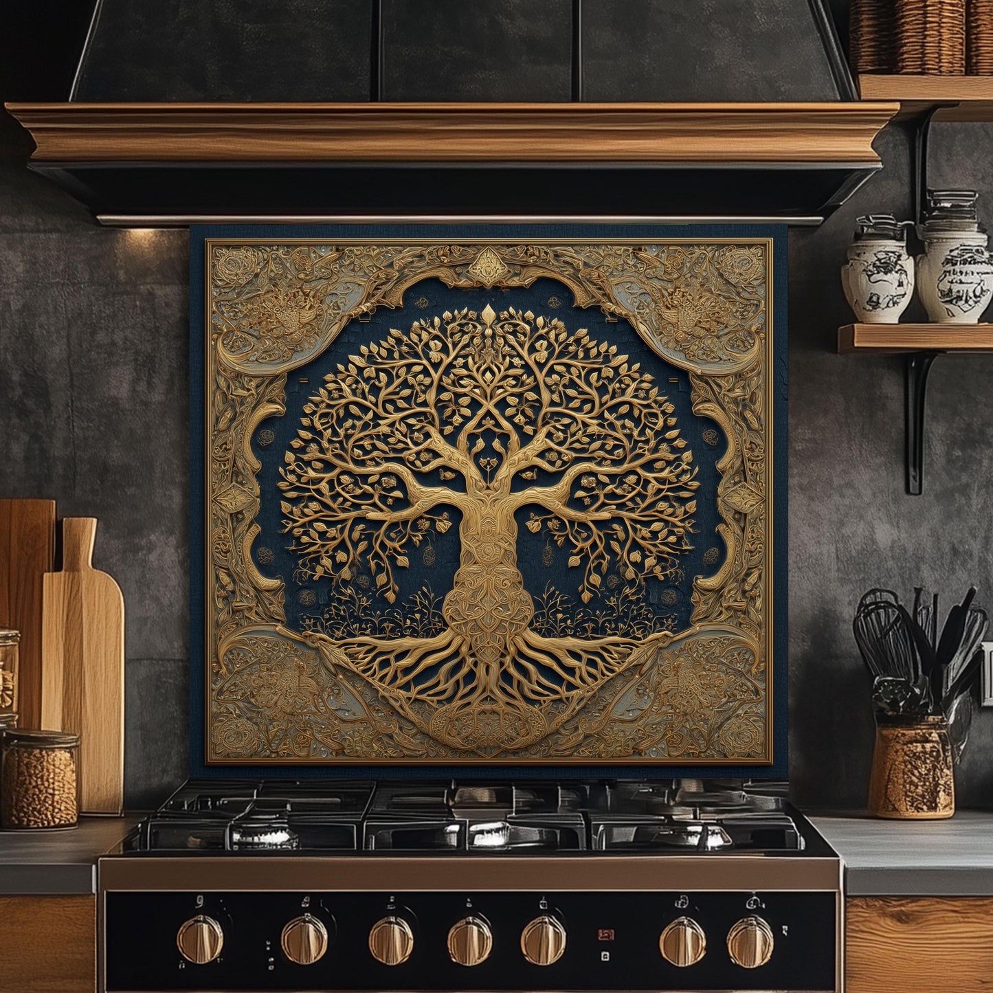 Tree of Life Backsplash, Blue and Golden Embossed Stove Cover