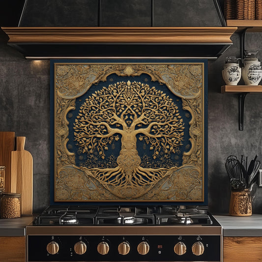 Tree of Life Backsplash, Blue and Golden Embossed Stove Cover