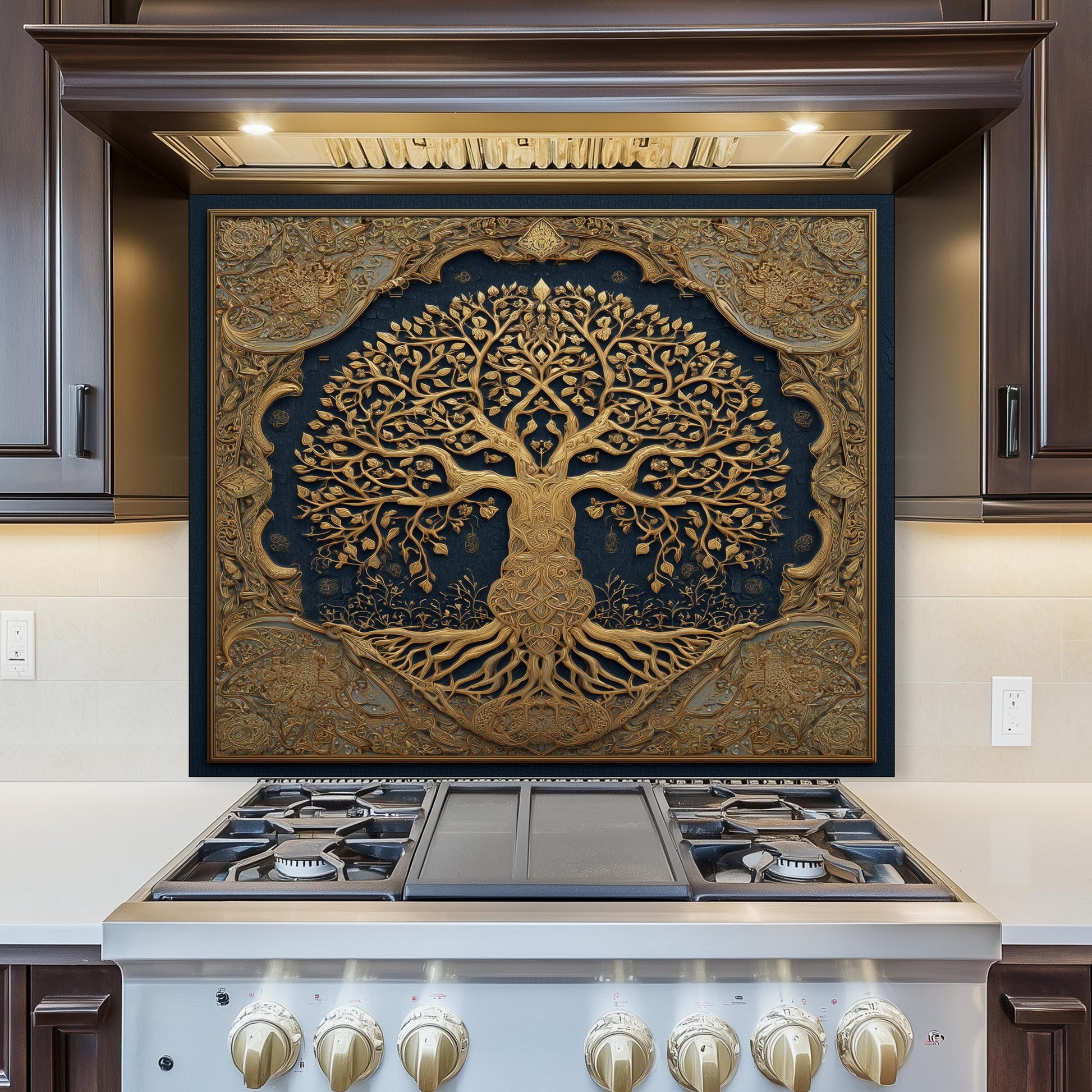 Tree of Life Backsplash, Blue and Golden Embossed Stove Cover
