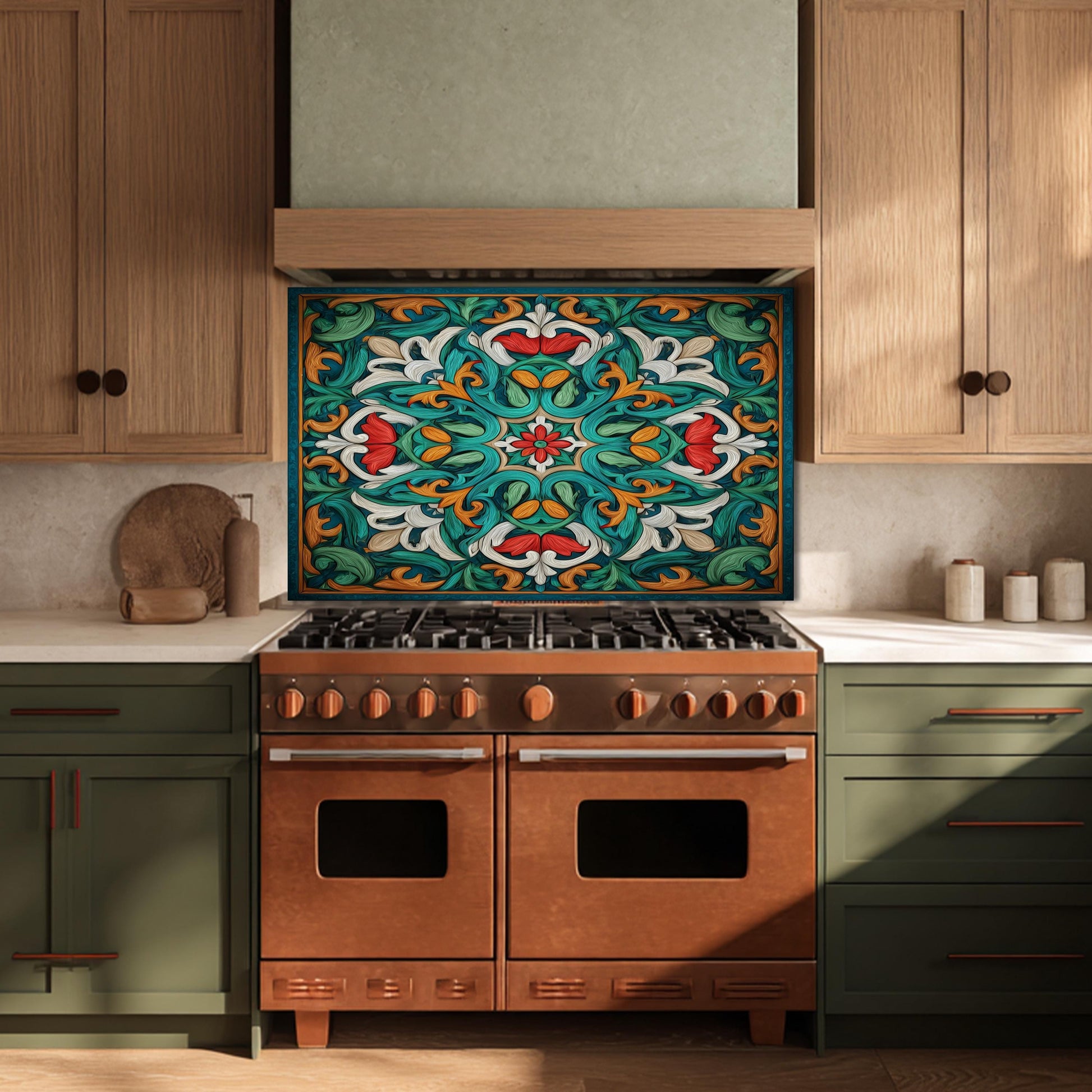 Ornate Acanthus Mandala Glass Backsplash, Stained Glass Style Stove Panel, Custom Size Art