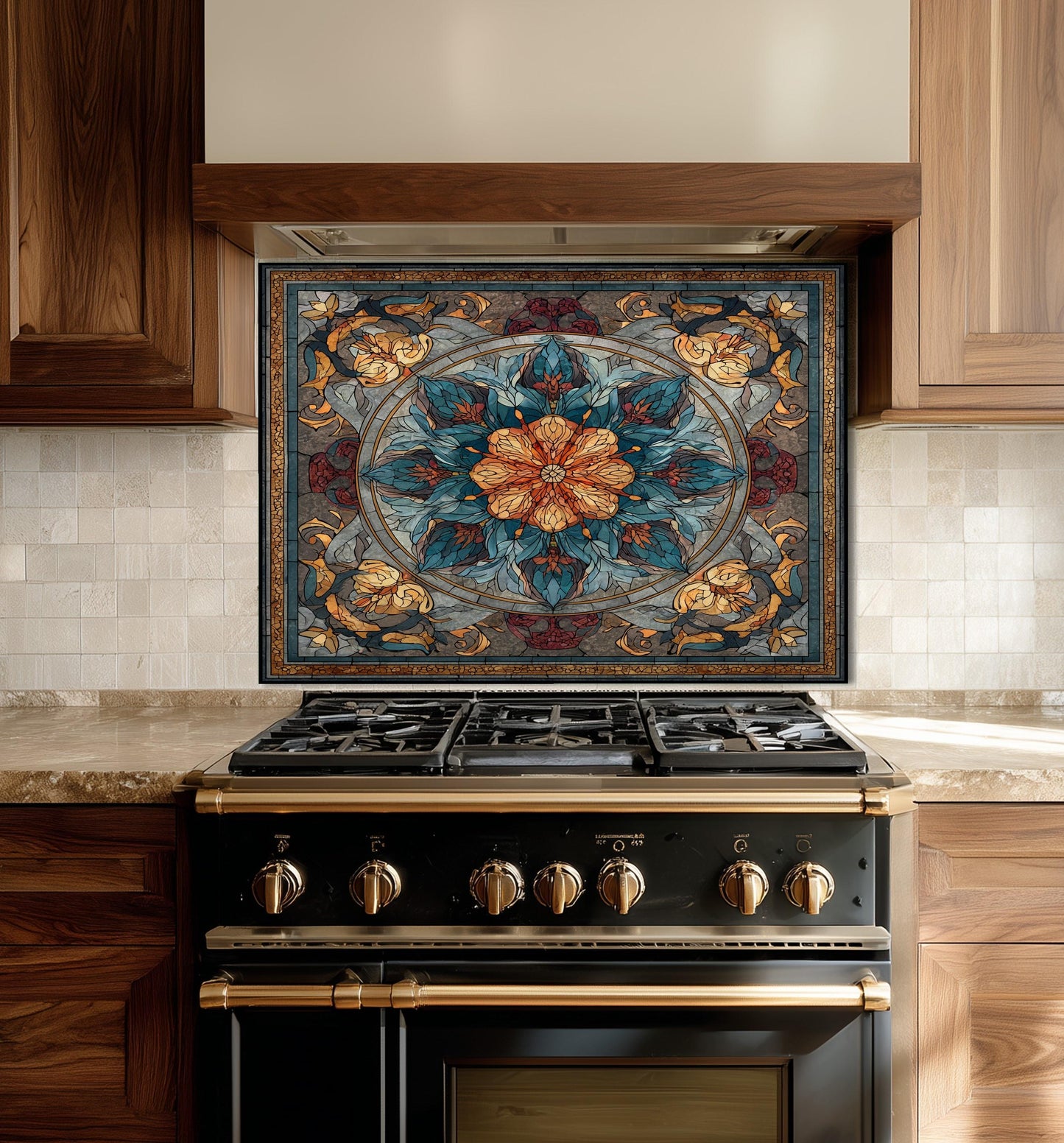 Stained Glass Style Kitchen Backsplash, Floral Mandala Tempered Glass, Ornate Mosaic Wall Art