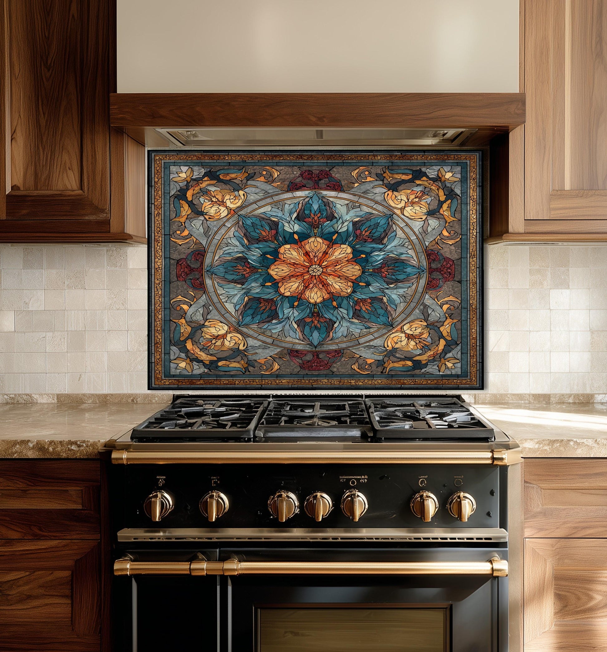 Stained Glass Style Kitchen Backsplash, Floral Mandala Tempered Glass, Ornate Mosaic Wall Art
