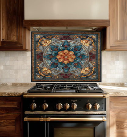 Stained Glass Style Kitchen Backsplash, Floral Mandala Tempered Glass, Ornate Mosaic Wall Art