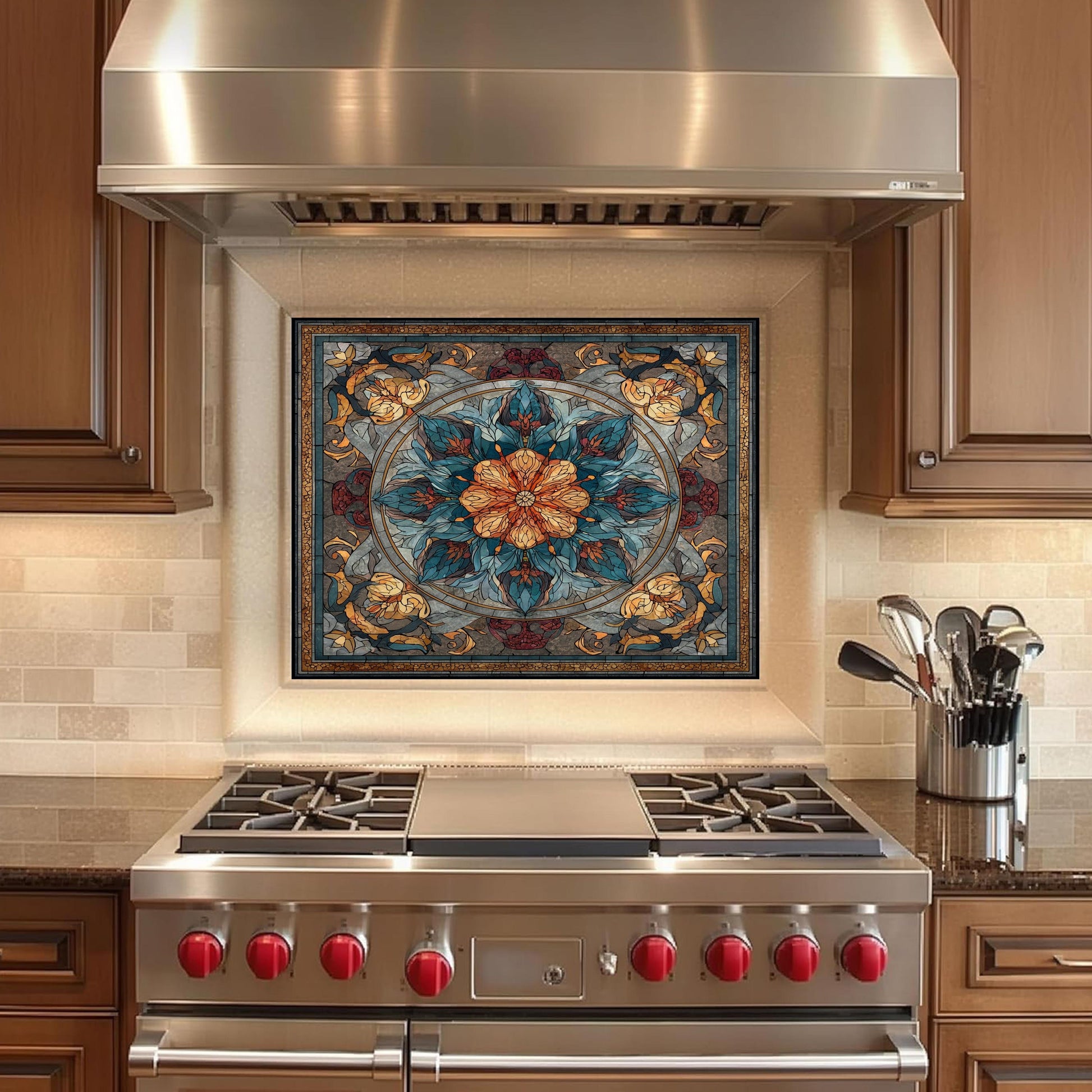 Stained Glass Style Kitchen Backsplash, Floral Mandala Tempered Glass, Ornate Mosaic Wall Art