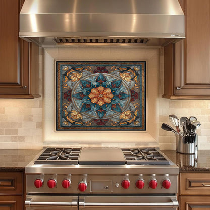 Stained Glass Style Kitchen Backsplash, Floral Mandala Tempered Glass, Ornate Mosaic Wall Art