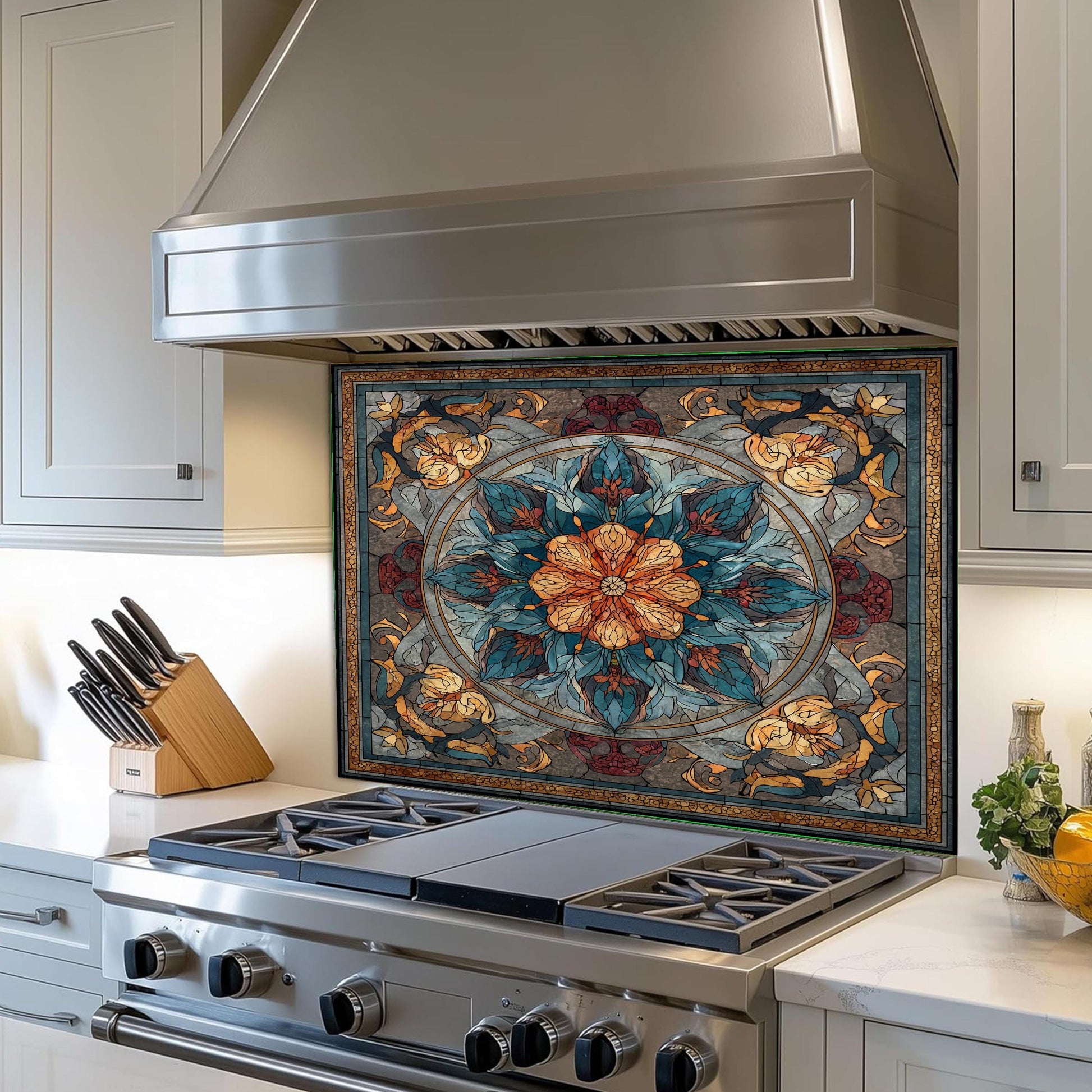 Stained Glass Style Kitchen Backsplash, Floral Mandala Tempered Glass, Ornate Mosaic Wall Art