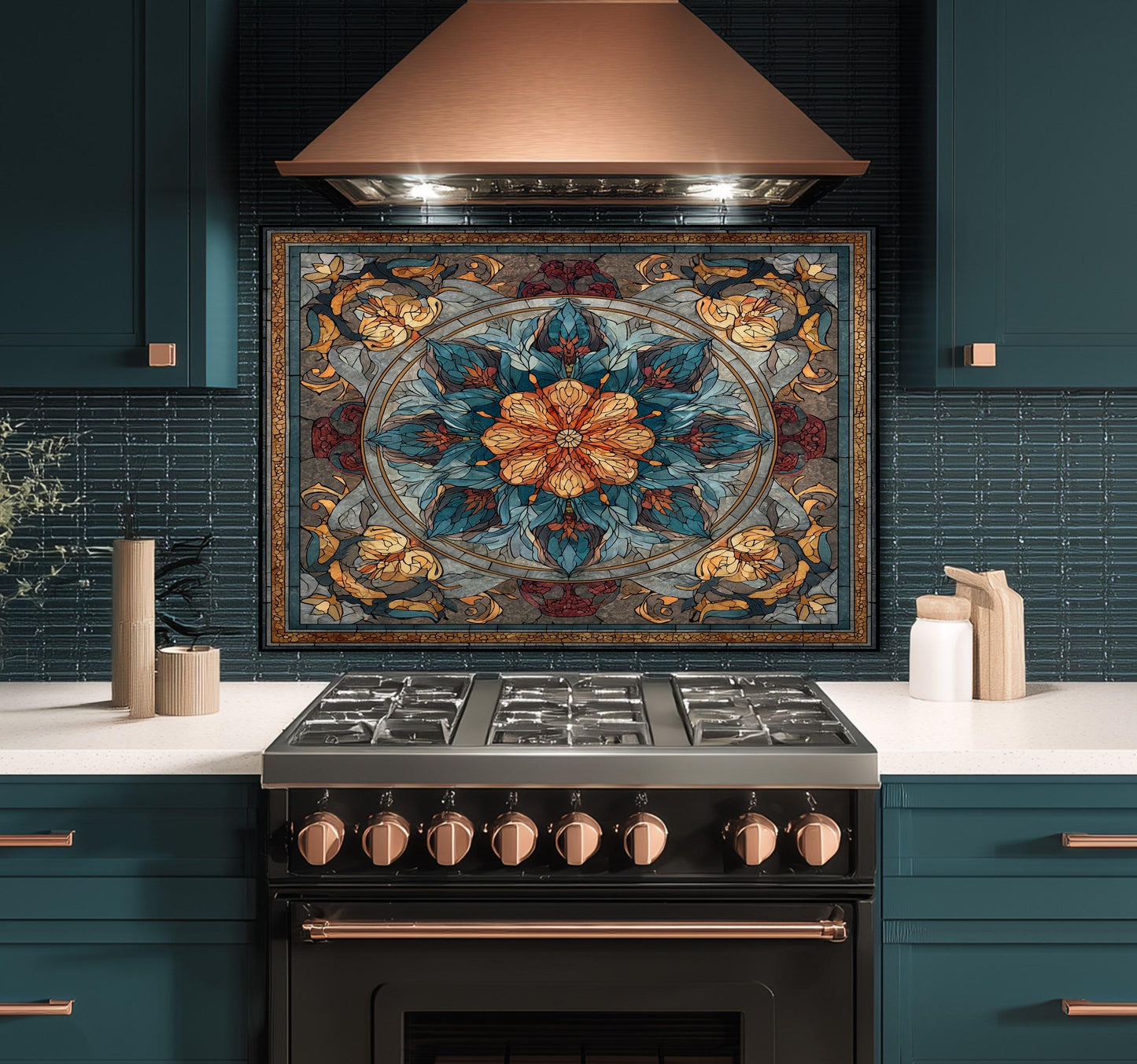 Stained Glass Style Kitchen Backsplash, Floral Mandala Tempered Glass, Ornate Mosaic Wall Art