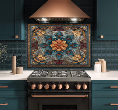 Stained Glass Style Kitchen Backsplash, Floral Mandala Tempered Glass, Ornate Mosaic Wall Art