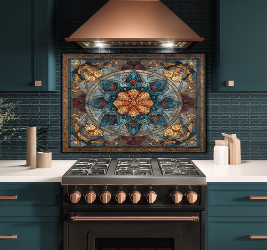 Stained Glass Style Kitchen Backsplash, Floral Mandala Tempered Glass, Ornate Mosaic Wall Art