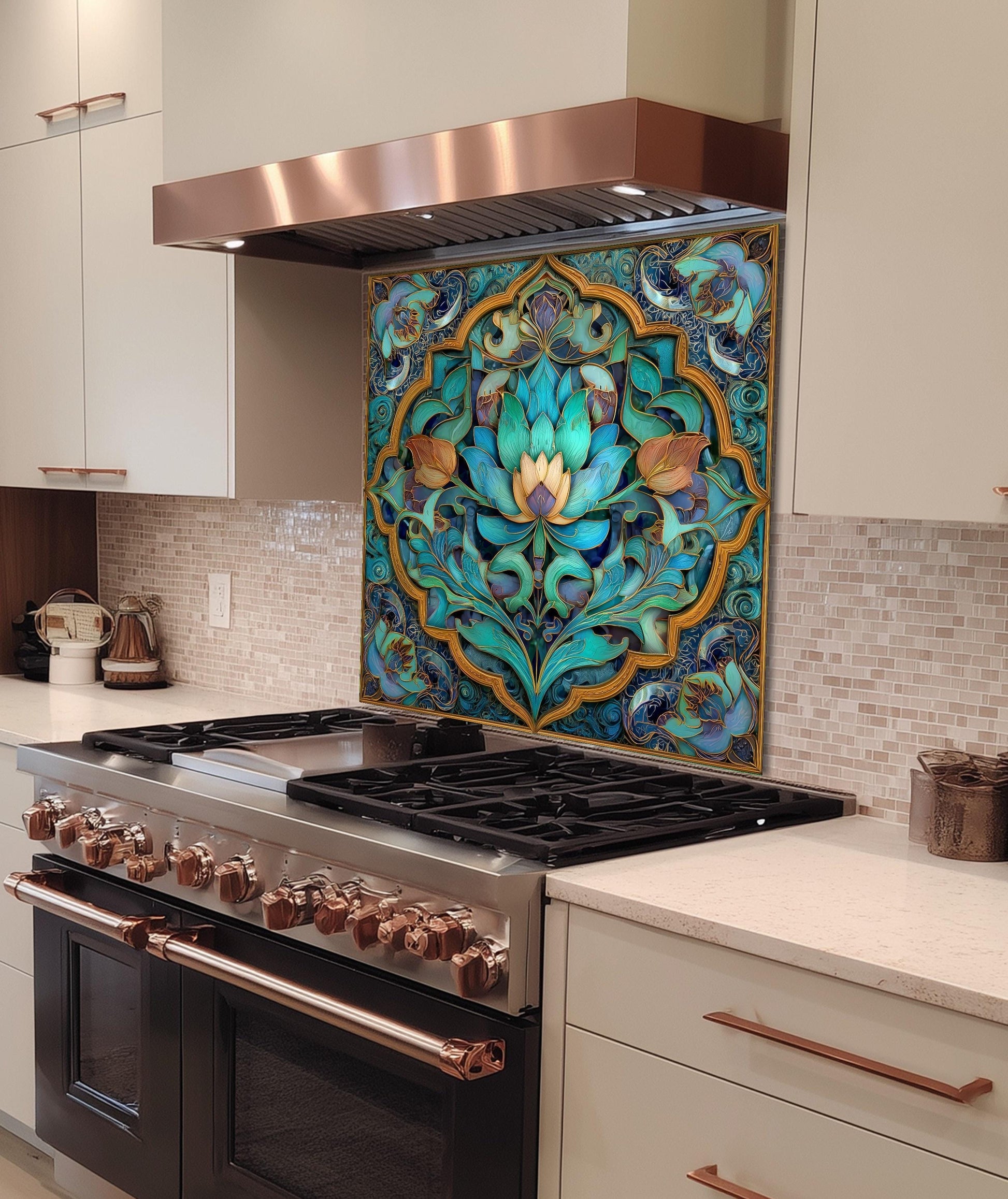 Ornate Floral Mandala Glass Backsplash, Turquoise Lotus Stove Panel, Custom Size Design