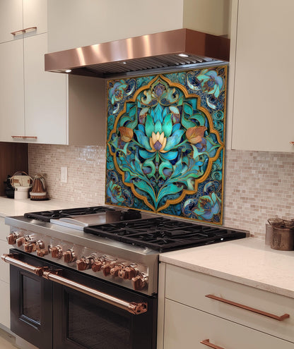 Ornate Floral Mandala Glass Backsplash, Turquoise Lotus Stove Panel, Custom Size Design