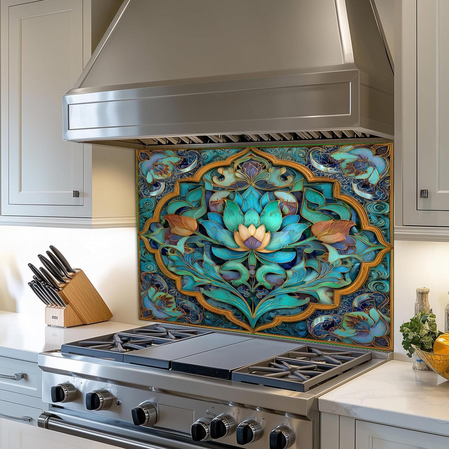 Ornate Floral Mandala Glass Backsplash, Turquoise Lotus Stove Panel, Custom Size Design