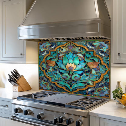 Ornate Floral Mandala Glass Backsplash, Turquoise Lotus Stove Panel, Custom Size Design