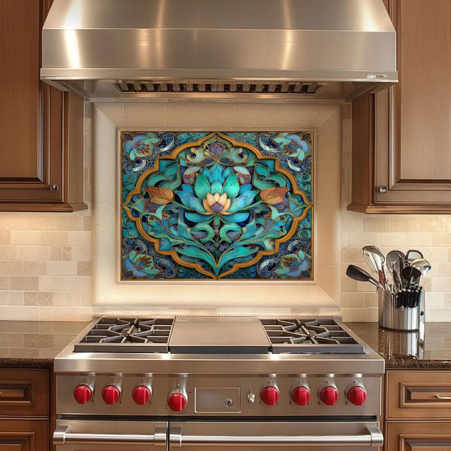 Ornate Floral Mandala Glass Backsplash, Turquoise Lotus Stove Panel, Custom Size Design