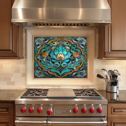 Ornate Floral Mandala Glass Backsplash, Turquoise Lotus Stove Panel, Custom Size Design