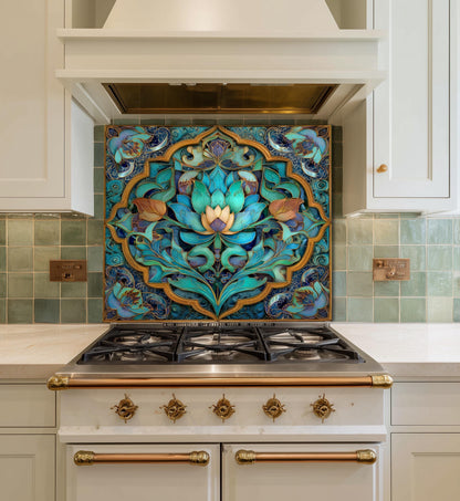 Ornate Floral Mandala Glass Backsplash, Turquoise Lotus Stove Panel, Custom Size Design