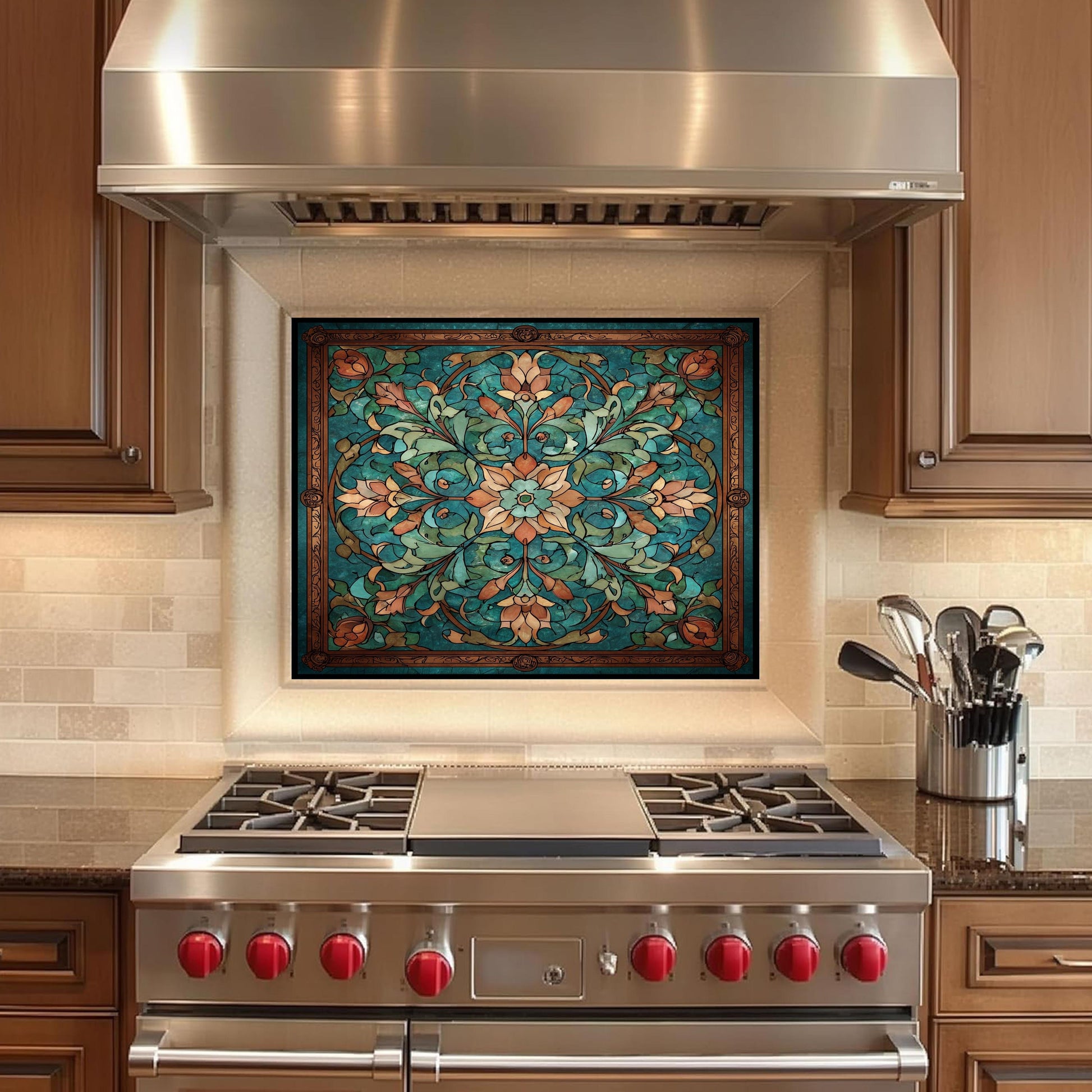 Kaleidoscope Stained Glass Backsplash, Ornate Teal Mandala Wall Art, Custom Size Stove Panel