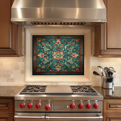 Kaleidoscope Stained Glass Backsplash, Ornate Teal Mandala Wall Art, Custom Size Stove Panel