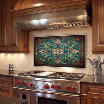 Kaleidoscope Stained Glass Backsplash, Ornate Teal Mandala Wall Art, Custom Size Stove Panel