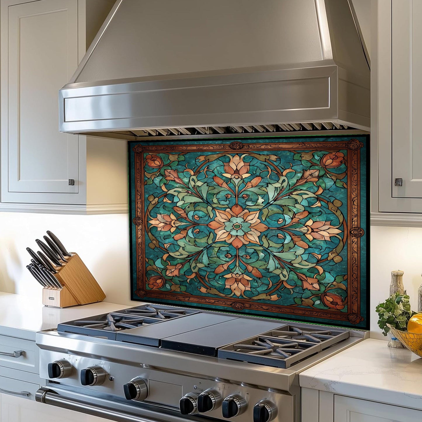 Kaleidoscope Stained Glass Backsplash, Ornate Teal Mandala Wall Art, Custom Size Stove Panel