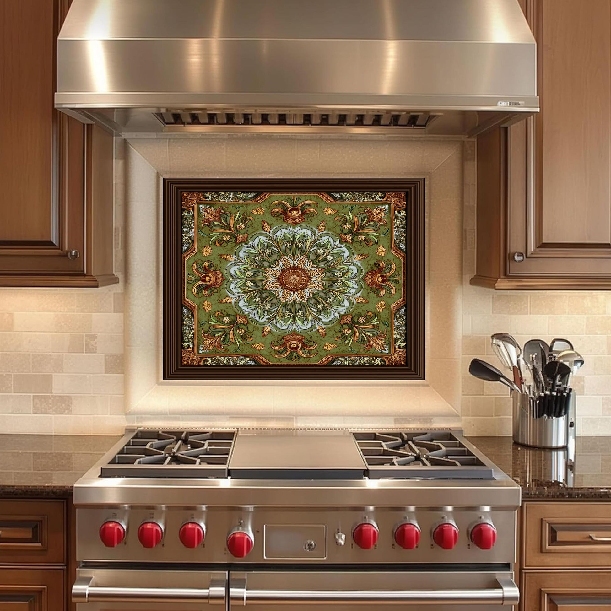 Ornate Lotus Mandala Glass Backsplash, Sage Green Floral Stove Panel, Custom Size Art