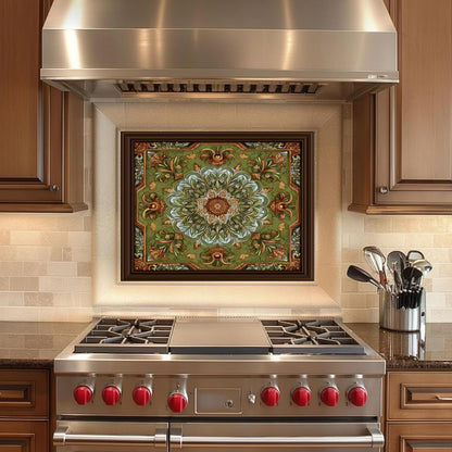 Ornate Lotus Mandala Glass Backsplash, Sage Green Floral Stove Panel, Custom Size Art