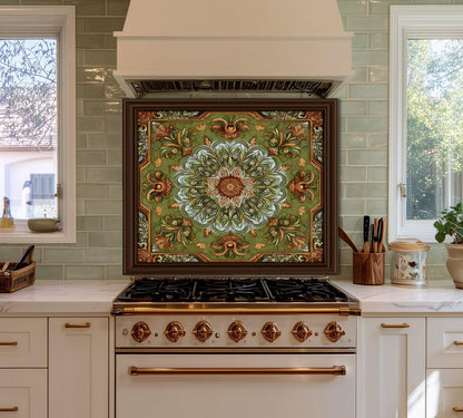 Ornate Lotus Mandala Glass Backsplash, Sage Green Floral Stove Panel, Custom Size Art