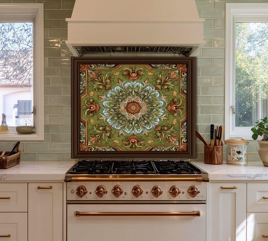Ornate Lotus Mandala Glass Backsplash, Sage Green Floral Stove Panel, Custom Size Art